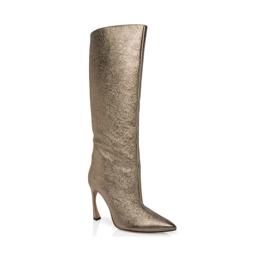 Alexandre Birman Kyra Tall Heeled Pointed Toe Leather Boot in Metallic Gold